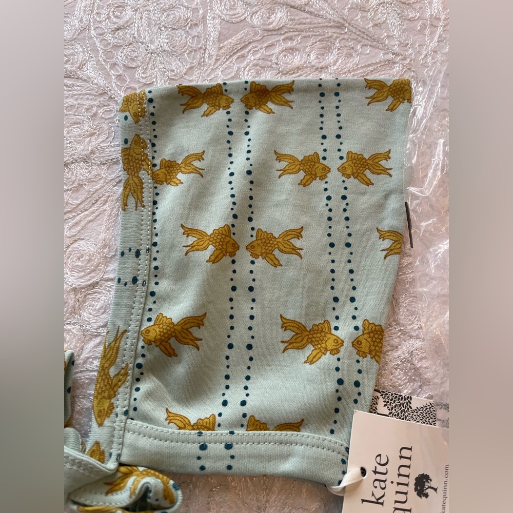 NWT Kate Quinn Goldfish Print Elf Hat - Aqua and Gold